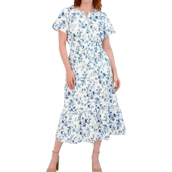 French Connection Blue White Floral Toile Maxi Dress size Small NWT Short Sleeve - Picture 2 of 12